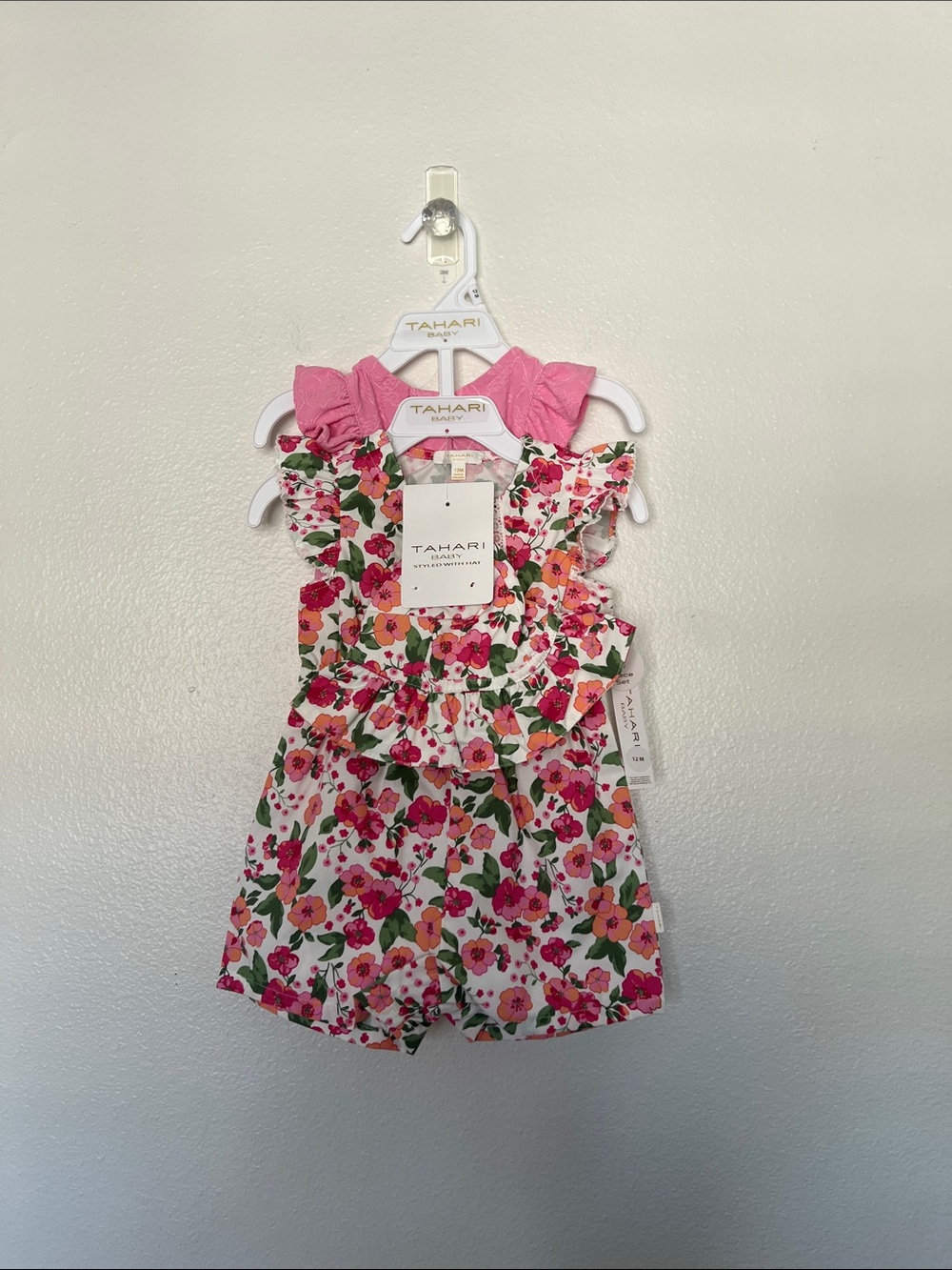 NWT Tahari Baby set of 2 Pink and Floral Ruffle Romper w/ Hat sz 12 months